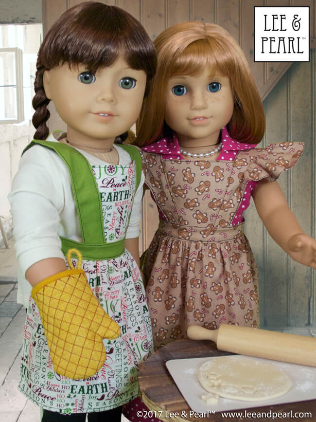 Make holiday gifts for 18 inch American Girl dolls with Lee & Pearl Pattern 1022: Cookie Time Apron Pinafore and Oven Mitt for Dolls