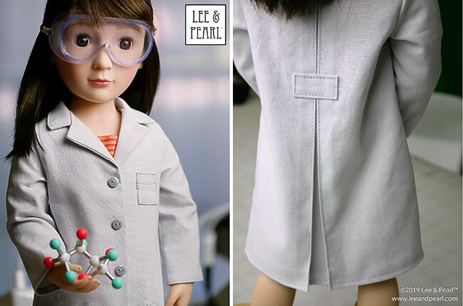Lee & Pearl Pattern 1025: She Blinded Me with Science Unisex Lab Coat, Unlined Coat and Safety Goggles for 18 inch, 16 inch and 14 1/2 inch dolls is NOW AVAILABLE for purchase! We packed this pattern with just-like-the-real-thing features for all your STEM-lovers, astronauts, doctors and doll veterinarians. With the perfect fit of this versatile pattern you can make lab coats and goggles — or stylish jackets and raincoats as well! Find this pattern at https://www.etsy.com/shop/leeandpearl