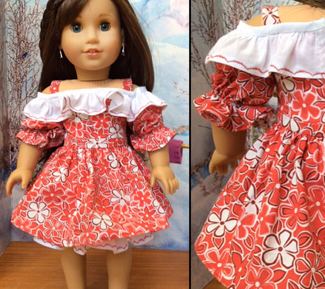 Melangell made this crisp, red-and-white Hawaiian print dress for her American Girl doll using our 2016 FREE pattern for Lee & Pearl mailing list subscribers — 1035: Olá Brasil! Samba Top, Bahia Dress, Baiana Headwrap and Jewelry Tutorials for 18 Inch Dolls. Join our mailing list at www.leeandpearl.com to get your own copy of this wonderful pattern!