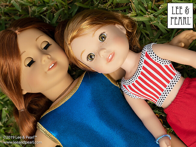 Happy 4th of July! Who else is waiting for the fireworks to start? Our American Girl® doll is wearing a sparkly red-white-and-blue swimsuit that we made using Lee & Pearl Pattern 1058: Retro Ruffled Swimsuit and High Waisted Bikini for Dolls. Her 14 1/2 inch Wellie Wisher friend is wearing the bikini top from this pattern as a cute crop top. Get this great multi-size sewing pattern for dolls in the Lee & Pearl Etsy store.