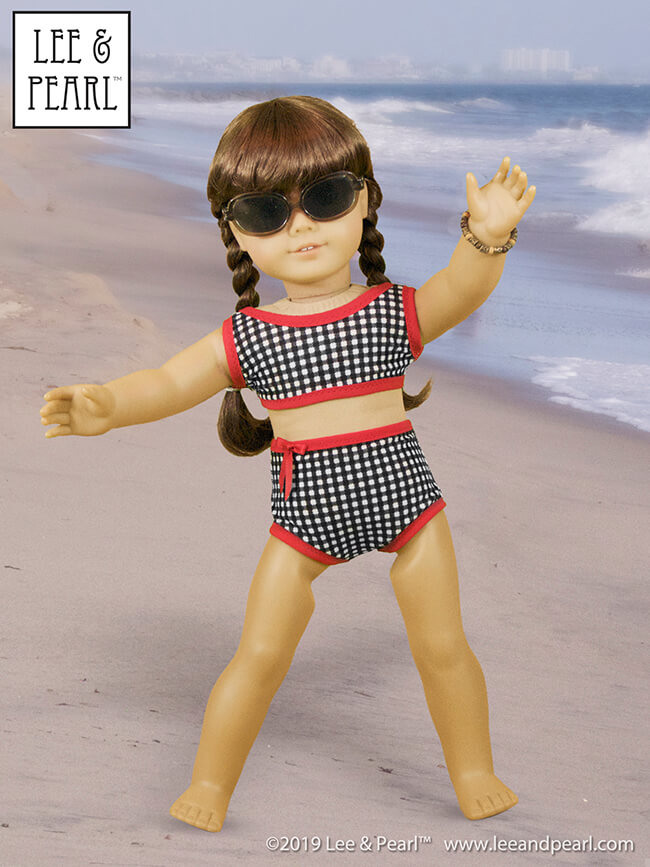Welcome summer with Lee & Pearl and our prettiest doll swimsuit pattern — Pattern 1058: Retro Ruffled Swimsuit and High Waisted Bikini for Dolls — NOW AVAILABLE for 16 inch A Girl for All Time® dolls and 14 1/2 inch WellieWishers® and similar dolls, as well as 18 inch American Girl® dolls.