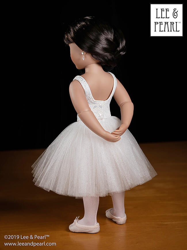 Meet the Dollmaker — Lee & Pearl interview Frances Cain, the creator of the A Girl for All Time® line of historical and modern 16 inch play dolls | Photo: Lovely A Girl for All Time Nisha warms up backstage before her ballet debut wearing a dance outfit made using Lee & Pearl Pattern 1072: Corps de Ballet Romantic Tutu, Bodice, Basque and Panty, available for 18 inch, 16 inch and 14 1/2 inch dolls.
