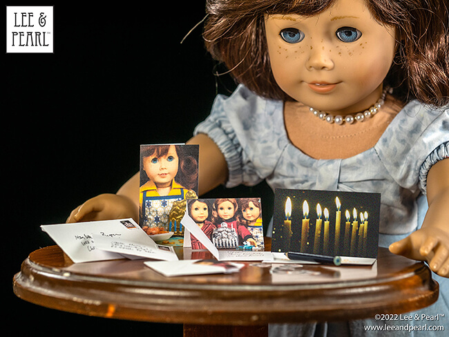 Please enjoy these FREE printable Chanukah cards for dolls from Lee & Pearl, featuring full-color images of our American Girl® dolls with their Chanukah menorahs — made using another FREE downloadable craft from our tutorial collection, replica circa 1900 chanukiyahs!