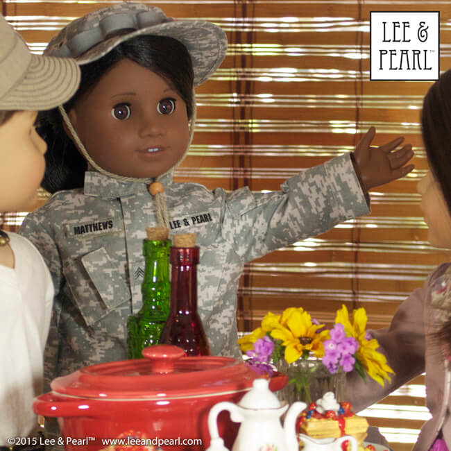 Our Sgt. Matthews is home for the holidays! Our American Girl Sonali wears a replica U.S. Army uniform made using Lee & Pearl Pattern 1010: Army Combat Uniform for 18" Dolls and a hat made using Pattern 1007: Bush Hat or "Boonie" for 18" Dolls. Her friends wear casual outfits made using Lee & Pearl Patterns 1001, 1004, 1006 and 1943. All Lee & Pearl patterns are available in our Etsy store at https://www.etsy.com/shop/leeandpearlOur Sgt. Matthews is home for the holidays! Our American Girl Sonali wears a replica U.S. Army uniform made using Lee & Pearl Pattern 1010: Army Combat Uniform for 18" Dolls and a hat made using Pattern 1007: Bush Hat or "Boonie" for 18" Dolls. Her friends wear casual outfits made using Lee & Pearl Patterns 1001, 1004, 1006 and 1943. All Lee & Pearl patterns are available in our Etsy store at https://www.etsy.com/shop/leeandpearl