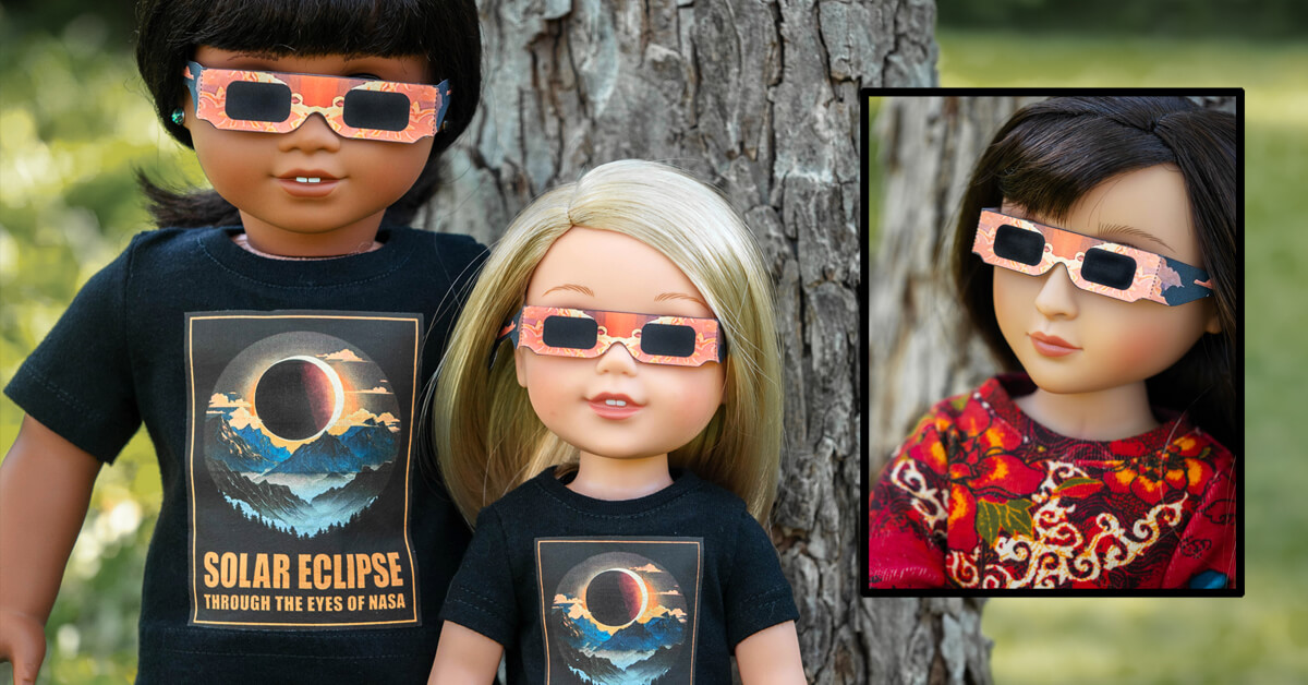Get ready for the 2024 TOTAL SOLAR ECLIPSE with the heat transfer graphic and play eclipse glasses for dolls FREE PRINTABLE CRAFT PACKAGE from Lee & Pearl!