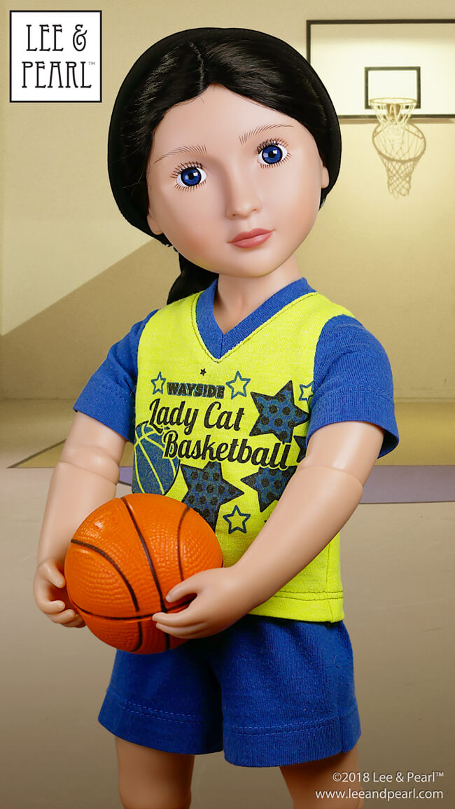Ready for some one-on-one? Our 16 inch A Girl for All Time doll takes to the basketball court wearing a team uniform made using Lee & Pearl Pattern 1001: Unisex T-Shirts and Pattern 101: Gym Shorts for 18 inch, 16 inch and 14 1/2 inch dolls.