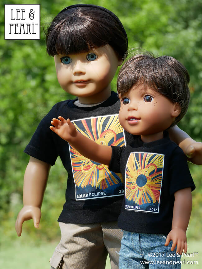 Ready for Solar Eclipse 2017! We made these T-shirts using Lee & Pearl Pattern 1001: Unisex T-shirts for dolls. Get the FREE heat transfer pattern on our website.