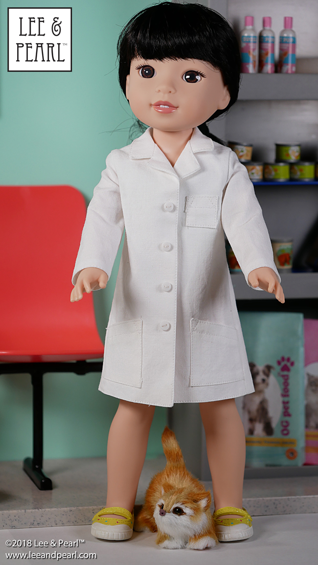 Attention ANIMAL LOVERS — enjoy plenty of creative doll play with the Our Generation Healthy Paws Vet Clinic and Lee & Pearl Pattern 1025: She Blinded Me with Science Unisex Lab Coats and Safety Goggles for 18 Inch, 16 Inch and 14 1/2 Inch Dolls. This pattern is our FREE gift to Lee & Pearl mailing list subscribers through early 2018. We’ll debut a new 2018 FREE Pattern soon. To get BOTH patterns, be sure to sign up for our mailing list soon at www.leeandpearl.com before we release the new pattern. And please tell your friends to sign up, too — we don’t want anyone missing out!