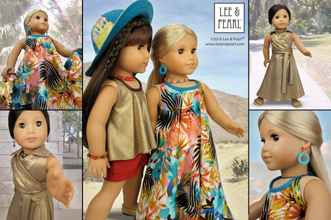 The Lee & Pearl PALM SPRINGS Maxi Dress Fabric & Trim Kit is all about VINTAGE GLAMOUR, with generous cuts of a Hawaiian print poly challis and a subtle shimmering gold jersey lamé. Find this kit for 18 inch dolls in our Etsy store at https://www.etsy.com/listing/384311464/palm-springs-maxi-dress-fabric-trim-kit? — and get Pattern 1032: Desert Sunrise Maxi Dress, Halter Top and Beaded Chokers for 18" Dolls at https://www.etsy.com/listing/397805083/lp-1032-desert-sunrise-maxi-dress-halter