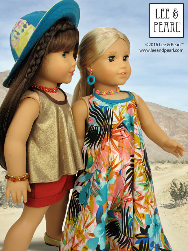 Introducing Lee & Pearl Pattern 1032: Desert Sunrise Maxi Dress, Halter Top and Beaded Chokers for 18 Inch Dolls. Get your American Girl dolls summer-ready with gauzy MAXI DRESSES and loose floaty TOPS, draped in beautiful folds from a flattering bias tape-bound halter neckline. Then complete your girl's boho look with the perfect handmade BEADED CHOKER. Find this pattern in our Etsy store at https://www.etsy.com/listing/397805083/lp-1032-desert-sunrise-maxi-dress-halter