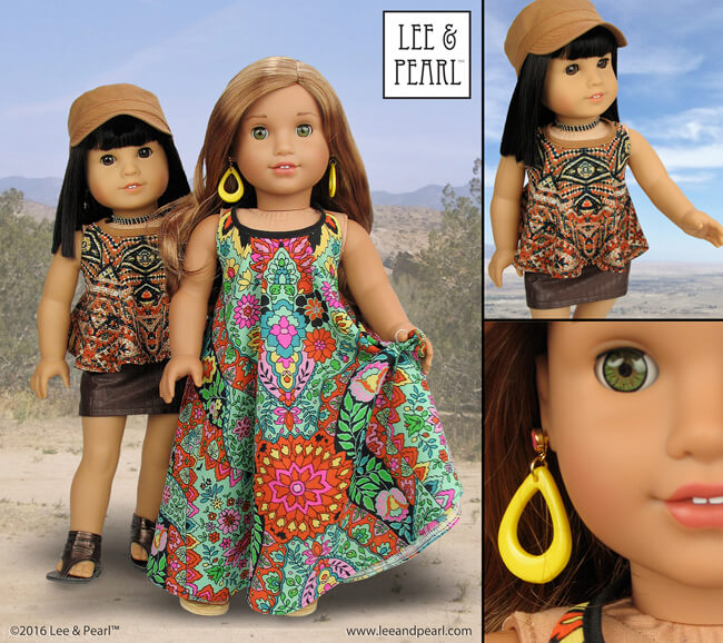 The Lee & Pearl COACHELLA Maxi Dress Fabric & Trim Kit is all about BOHEMIAN STYLE, with generous cuts of an Indian Print poly georgette and an Aztec print poly challis. Find this kit for 18 inch dolls in our Etsy store at https://www.etsy.com/listing/397809429/coachella-maxi-dress-fabric-trim-kit-for? — and get Pattern 1032: Desert Sunrise Maxi Dress, Halter Top and Beaded Chokers for 18" Dolls at https://www.etsy.com/listing/397805083/lp-1032-desert-sunrise-maxi-dress-halter