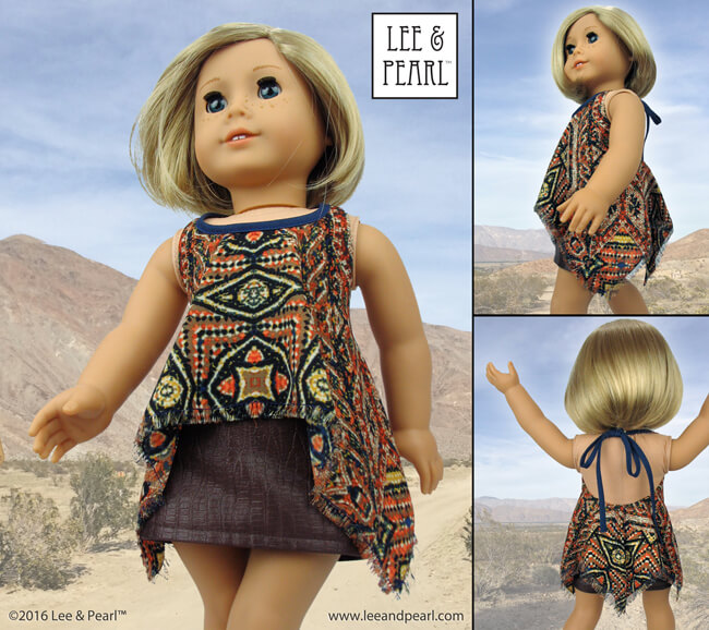 Make this trendy high-low handkerchief hem version of the Lee & Pearl Pattern 1032: Desert Sunrise Top or Maxi Dress for 18 inch dolls, like our American Girl doll, using our FREE tweak-the-pattern directions. Get the tweak — which also includes an Empire waist adaptation — in our June 2016 newsletter, available on our website at www.leeandpearl.com. And find Pattern 1032 in our Etsy shop at https://www.etsy.com/shop/leeandpearl
