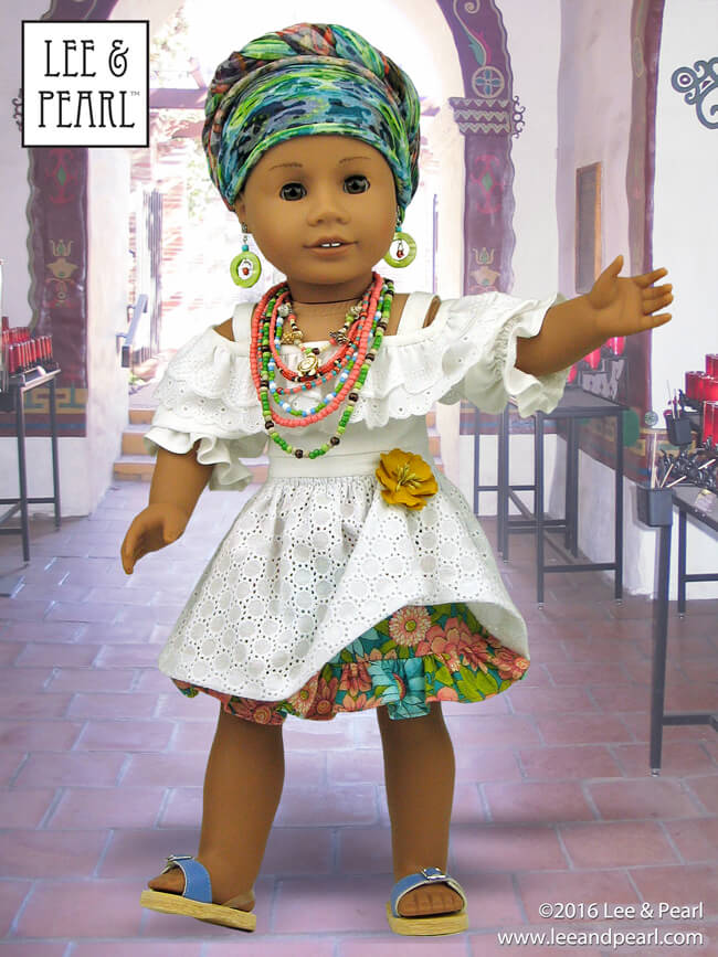 Give your American Girl doll a stunning Afro-Brazilian Baiana wardrobe using Lee & Pearl Pattern 1035: Olá Brasil! Off-the-Shoulder Samba Top and Bahia Dress, and Traditional Brazilian Baiana Headwrap for 18 Inch Dolls. Find this unique and lovely pattern in the Lee & Pearl Etsy store at https://www.etsy.com/listing/540262695/lp-1035-ola-brasil-off-the-shoulder