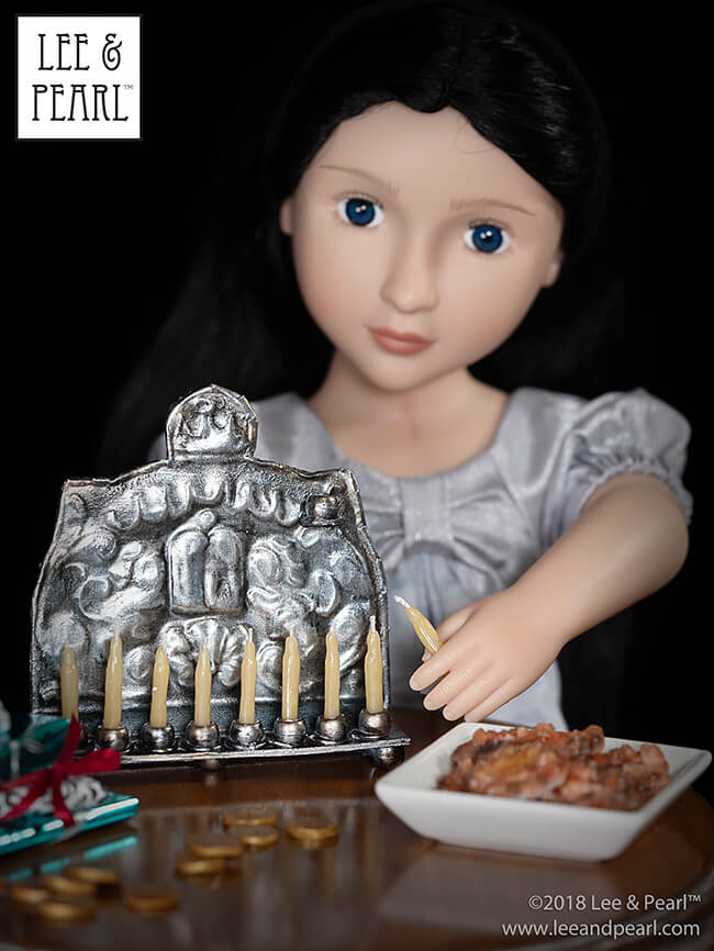 Happy Chanukah from Lee & Pearl! Make your dolls their own circa 1900 traditional Chanukah Menorah (Chanukiya) using a dollar store baking sheet, some plastic beads — and our downloadable template, video tutorial and detailed newsletter directions.