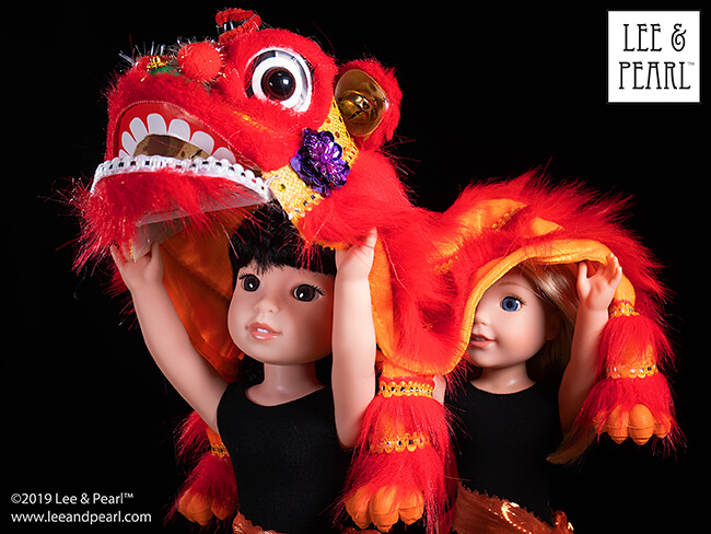 Happy Lunar New Year — and happy Year of the Pig from Lee & Pearl!  Pig years are thought to be joyous times, full of friendship, luck and good fortune. How fitting, as we are sharing this newsletter with friends, and we've stuffed it with a wealth of lucky doll-scale finds from our recent travels — like this great Lion Dance puppet, perfect for Wellie Wishers™ and other 14 1/2 inch dolls. Enjoy!