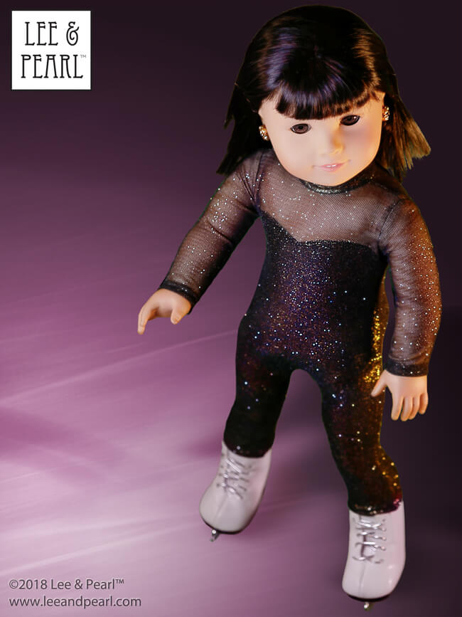 We made this sparkling catsuit costume for our American Girl doll skater using pattern pieces from our Pattern 1054: Superheroes! Cosplay Costumes and directions from our Pattern 1051: Ballet Basics Leotard and Unitard for 18 Inch Dolls. Find BOTH patterns — and our Pattern 1055 Skating Dresses — in the NEW Lee & Pearl Dance and Sports Performance Pattern Bundle, available in our Etsy store!