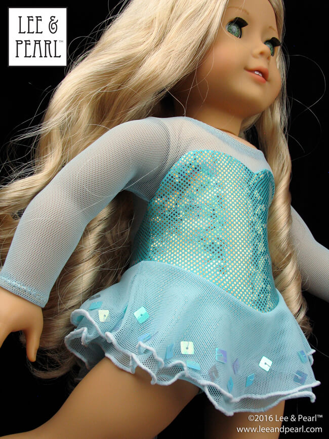 We made this stunning Ice Princess skating dress for our American Girl doll using Lee & Pearl Pattern 1055: Skating Dresses for 18 Inch Dolls — and the LIMITED EDITION Ice Princess Skate & Swim Stretch Fabric and Sparkling Trim Kit. Lee & Pearl patterns and fabric and trim kits are available in our Etsy store at https://www.etsy.com/shop/leeandpearl