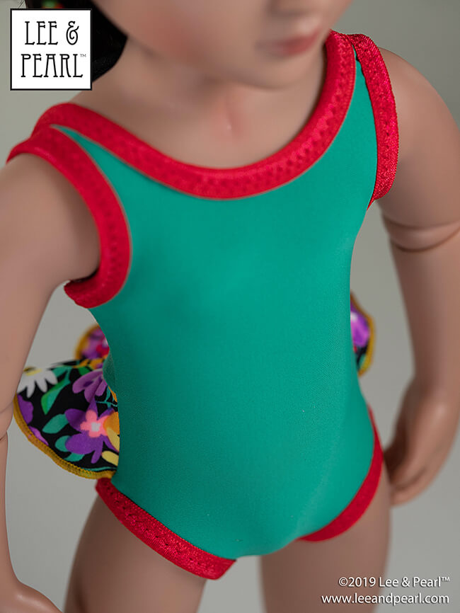 Welcome summer with Lee & Pearl and our prettiest doll swimsuit pattern — Pattern 1058: Retro Ruffled Swimsuit and High Waisted Bikini for Dolls — NOW AVAILABLE for 16 inch A Girl for All Time® dolls and 14 1/2 inch WellieWishers® and similar dolls, as well as 18 inch American Girl® dolls.
