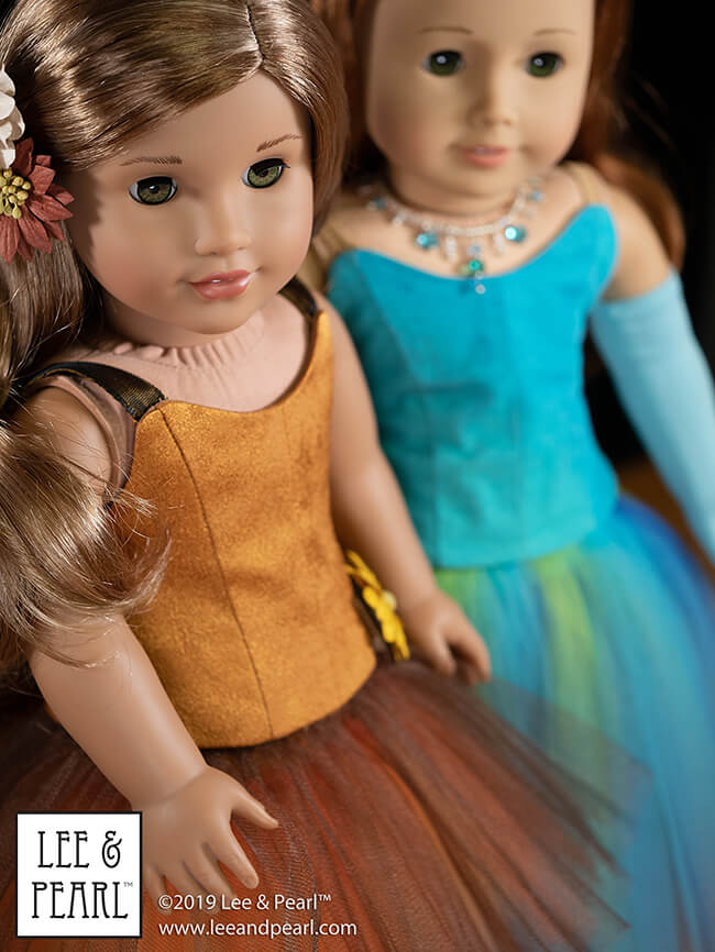 Introducing a glamorous evening gown and dance costume pattern for American Girl dolls from Lee & Pearl — Pattern 1076 Grand Gala Dropped Waist Ballgown with Evening Gloves and Russian Ballet Bodice with Neo-Classical Tutu, Basque and Panty for 18 inch dolls, now available in the Lee &Pearl Etsy store.