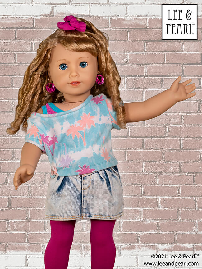 Introducing Pattern 1983: She's a Maniac Off-One-Shoulder Workout T-Shirt for Dolls! We're proud to present this brand new ‘80s / aerobics / workout and dance-inspired pattern for 18 inch American Girl®, 16 inch A Girl for All Time® and 14 ½ inch WellieWishers™ and similar dolls, now available in the Lee & Pearl Etsy store.