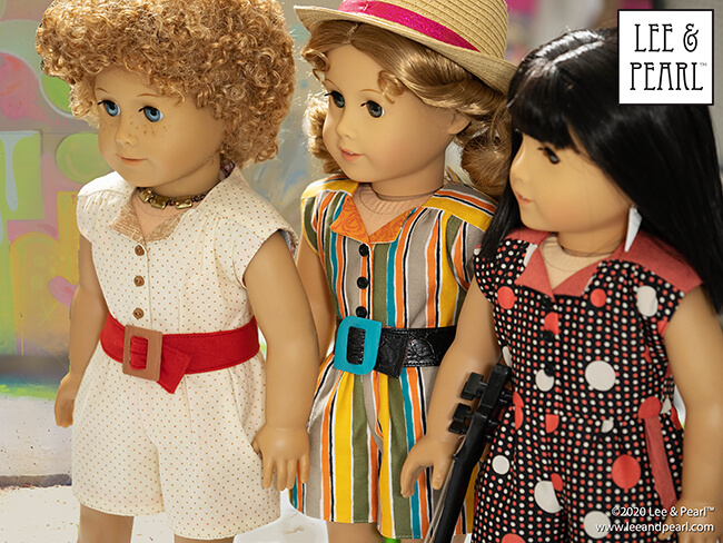 New FREE pattern! Introducing Pattern 1984: Retro '80s Romper with Shaped Belt, Shoulder Pads and Heat Shrink Buckle Craft for 18 Inch Dolls — our new, exclusive FREE pattern for Lee & Pearl mailing list subscribers.
