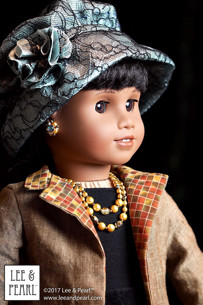 Introducing Lee & Pearl Pattern 2064: Posh Accessories 1960s Flower Pot Hat, Gloves, Pearl Necklaces, Retro Cluster Earrings and Fabric Flower Trim for 18 Inch Dolls, like our American Girl doll. There's something for everyone in this stylish pattern — from an elegant, fully-lined vintage hat and lace-trimmed gloves to pearl chokers, necklaces, easy-to-make beaded earrings and a fabric flower that goes together in minutes.