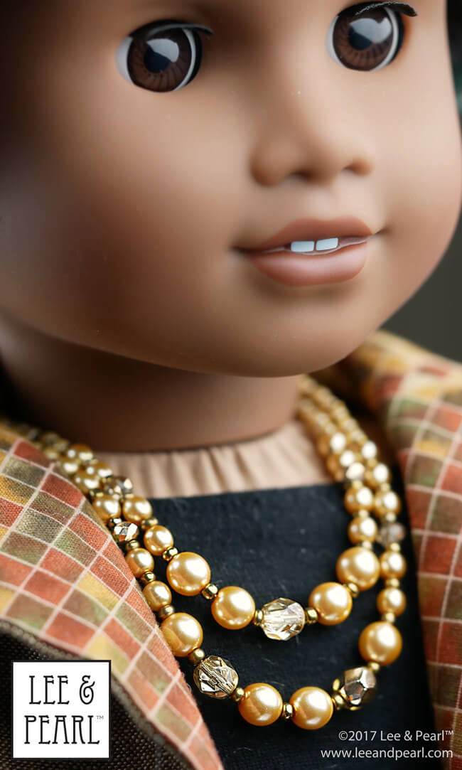 Introducing Lee & Pearl Pattern 2064: Posh Accessories 1960s Flower Pot Hat, Gloves, Pearl Necklaces, Retro Cluster Earrings and Fabric Flower Trim for 18 Inch Dolls, like our American Girl doll. Because no vintage outfit is complete without the right jewelry, we've included detailed directions for a selection of easy-to-make iconic pieces, like this 2-TIER FAUX PEARL NECKLACE and matching PEARL CLUSTER EARRINGS.