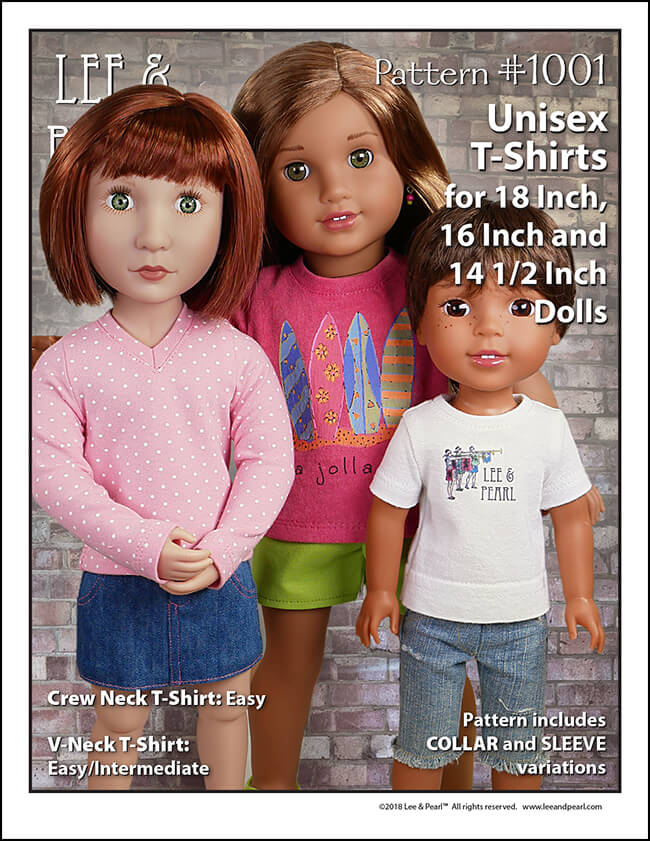 It's the perfect layering basic, now lovingly re-sized and redesigned for A Girl for All Time® dolls and Wellie Wisher® and similar dolls! Introducing Lee & Pearl Pattern 1001: Unisex T-Shirts for 18 inch, 16 inch and 14 1/2 inch dolls. GET ALL THREE PATTERNS FOR THE PRICE OF TWO! And for our friends who already own Pattern 1001 for 18 inch American Girl® sized dolls, get both smaller sizes for the price of only one pattern FOR A LIMITED TIME ONLY!